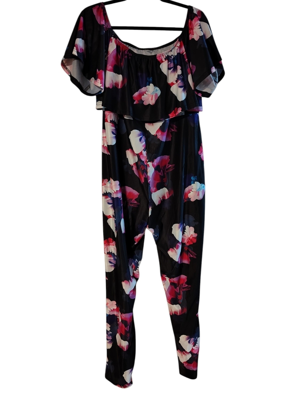 Black Floral Off Shoulder Ruffle Jumpsuit Pink Purple Blue XXL